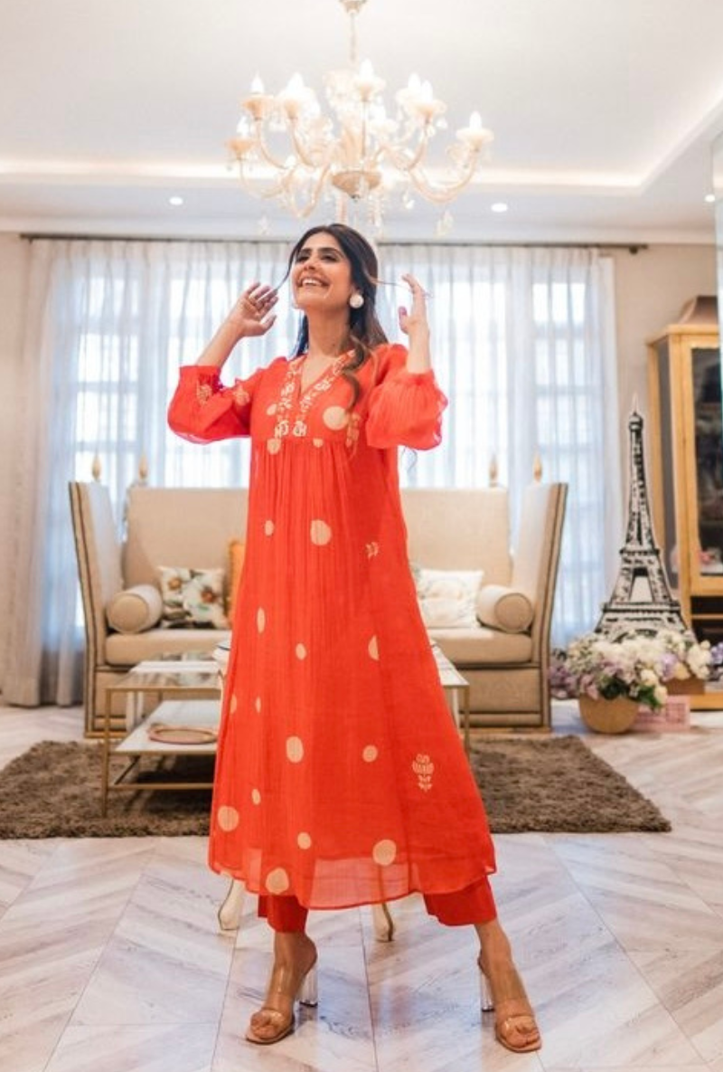 Mehal Kejriwal in Orange Polka  Hand Block Print Ruhi Kurta Set