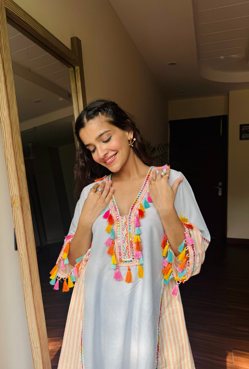 Varsha Rana in Soft Blue Colourful Tassel Kurta Set