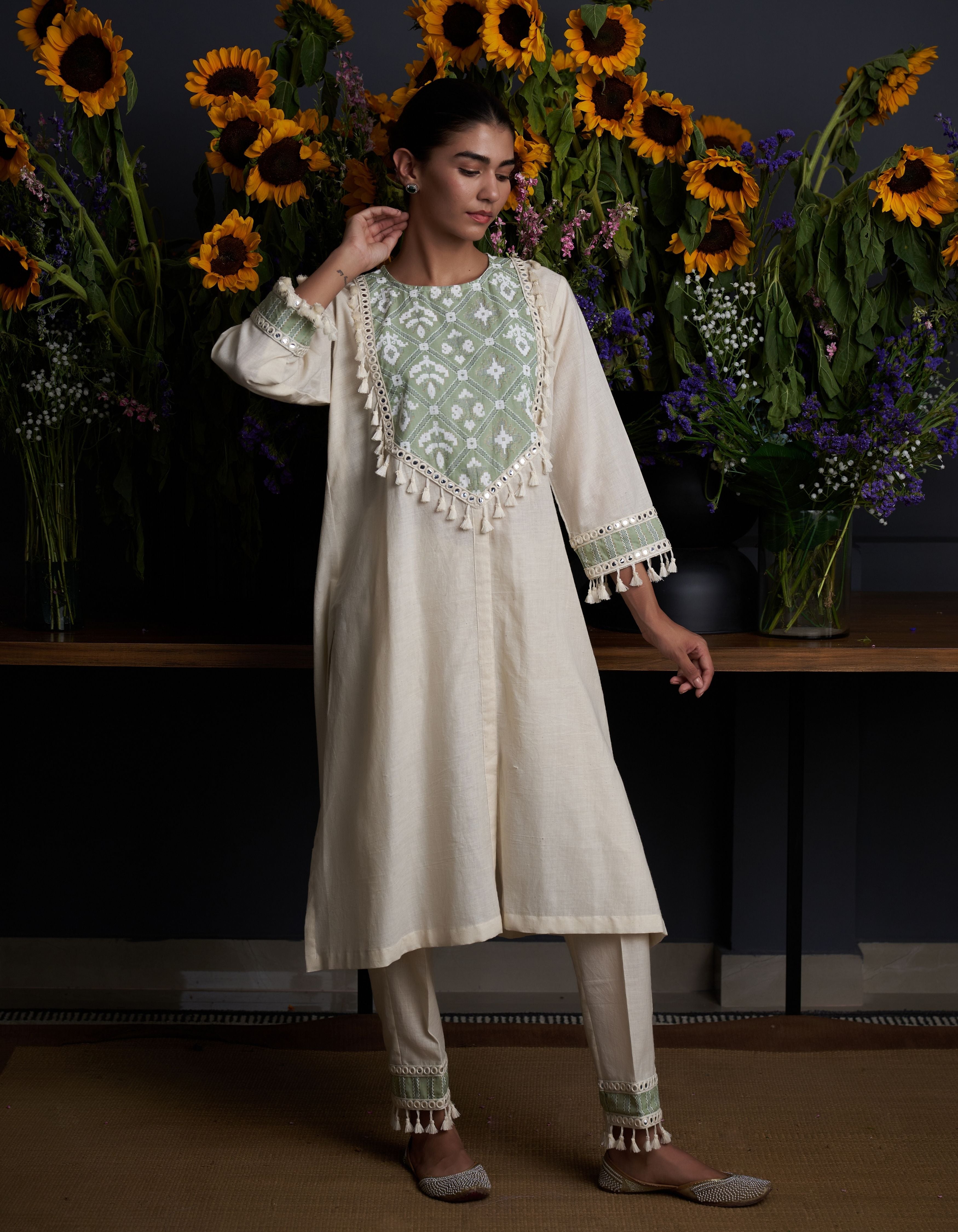 Beige Patterned Yoke Vedika Nadia Kurta Set