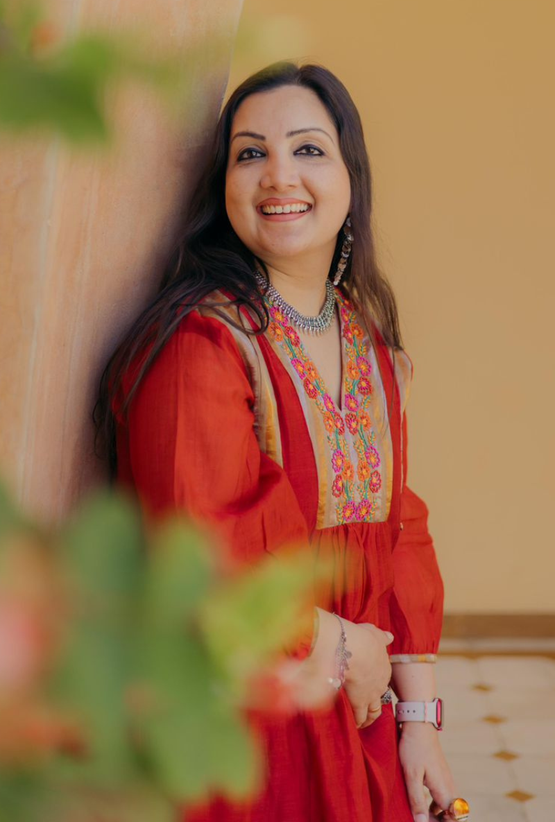 Madhuri Grover in Red Thread Work Tissue Yoke Ruhi Kurta Set