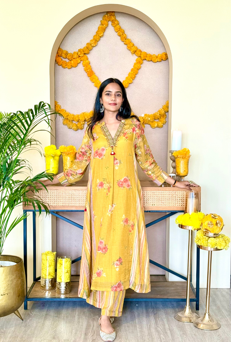 Jyoti Verma in Musrard Embroidered V Neck Bageecha Kurta Set