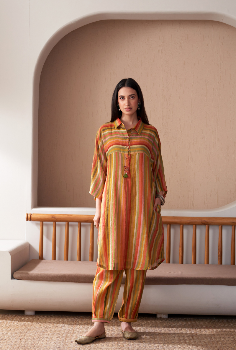 Mustard Anti Fit Stripe Bageecha Kurta Set