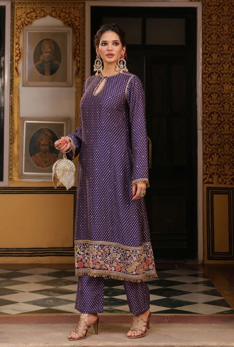 Purple Printed Mayur Applique Long Mehfil Kurta Set