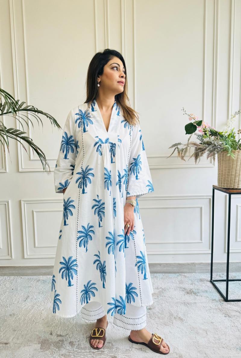 Meghna Nayyar In White Palm Tree Print Marigold Kurta Set
