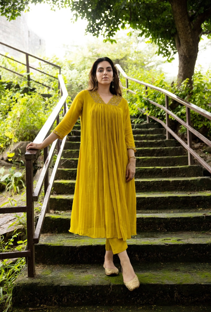 Yellow Front Pleat Kurta Set