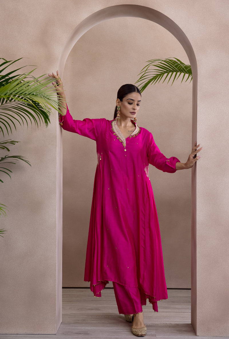 Pink Pankh Side Gather A-line Adhira Kurta Set