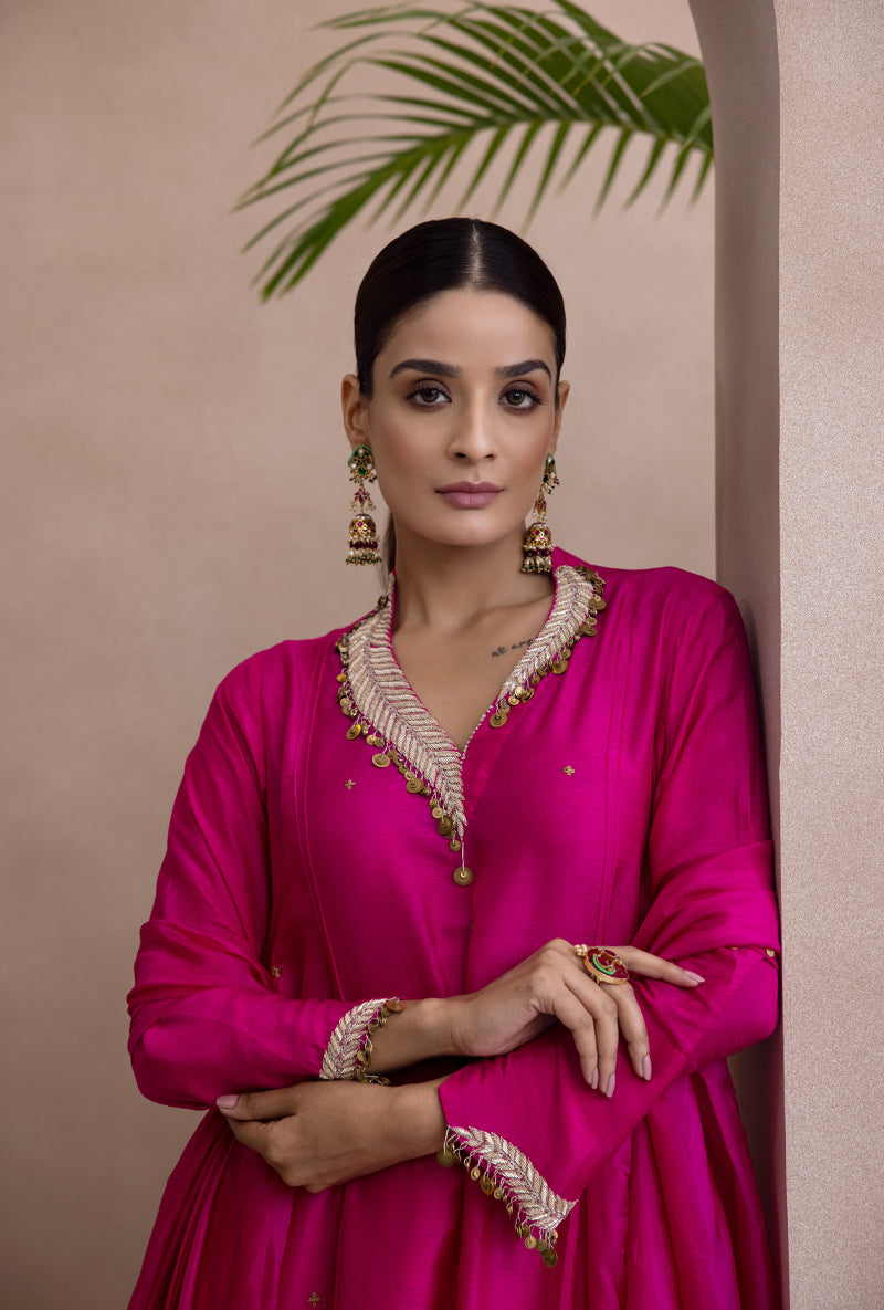 Pink Pankh Side Gather A-line Adhira Kurta Set