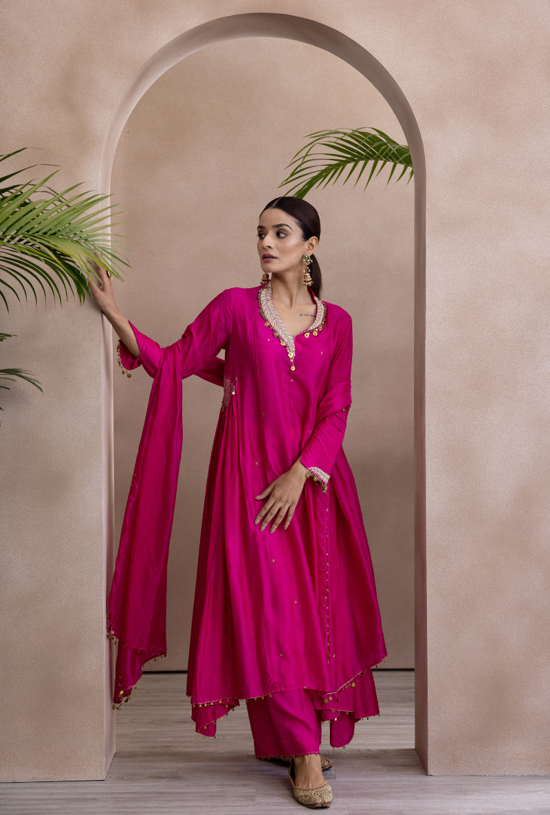 Pink Pankh Side Gather A-line Adhira Kurta Set