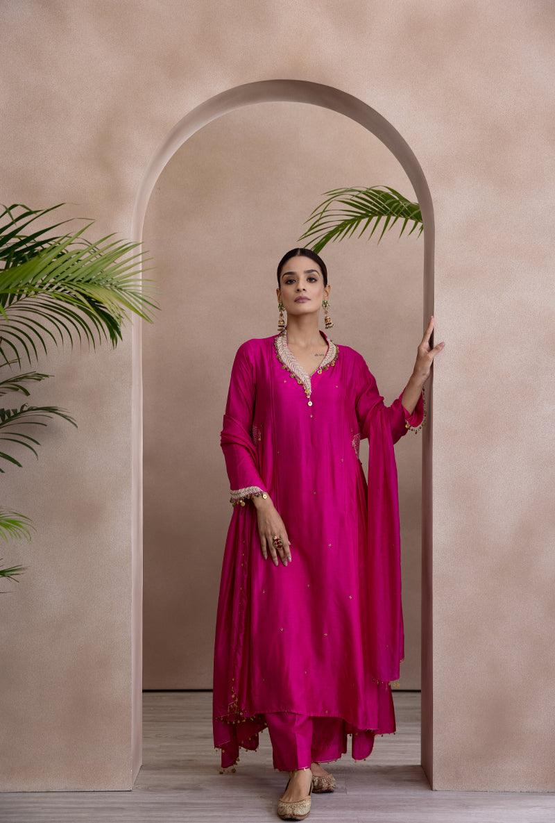 Pink Pankh Side Gather A-line Adhira Kurta Set