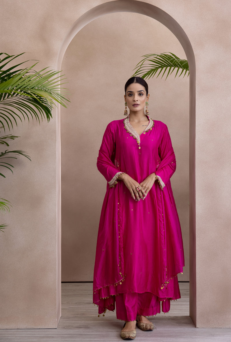 Pink Pankh Side Gather A-line Adhira Kurta Set