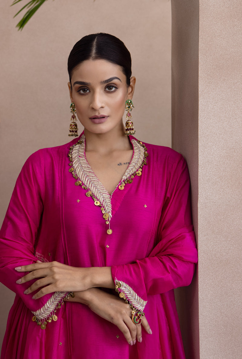 Pink Pankh Side Gather A-line Adhira Kurta Set