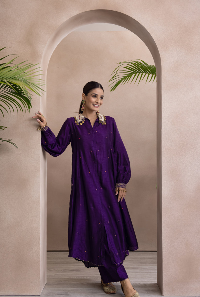 Purple Pankh Collar Adhira Kurta Set