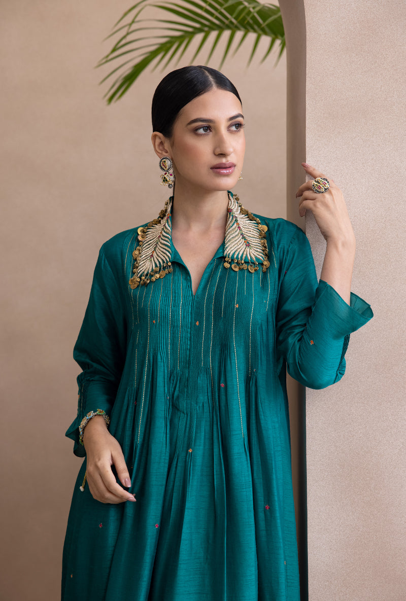 Teal Pankh Collar Pintex Adhira Kurta Set