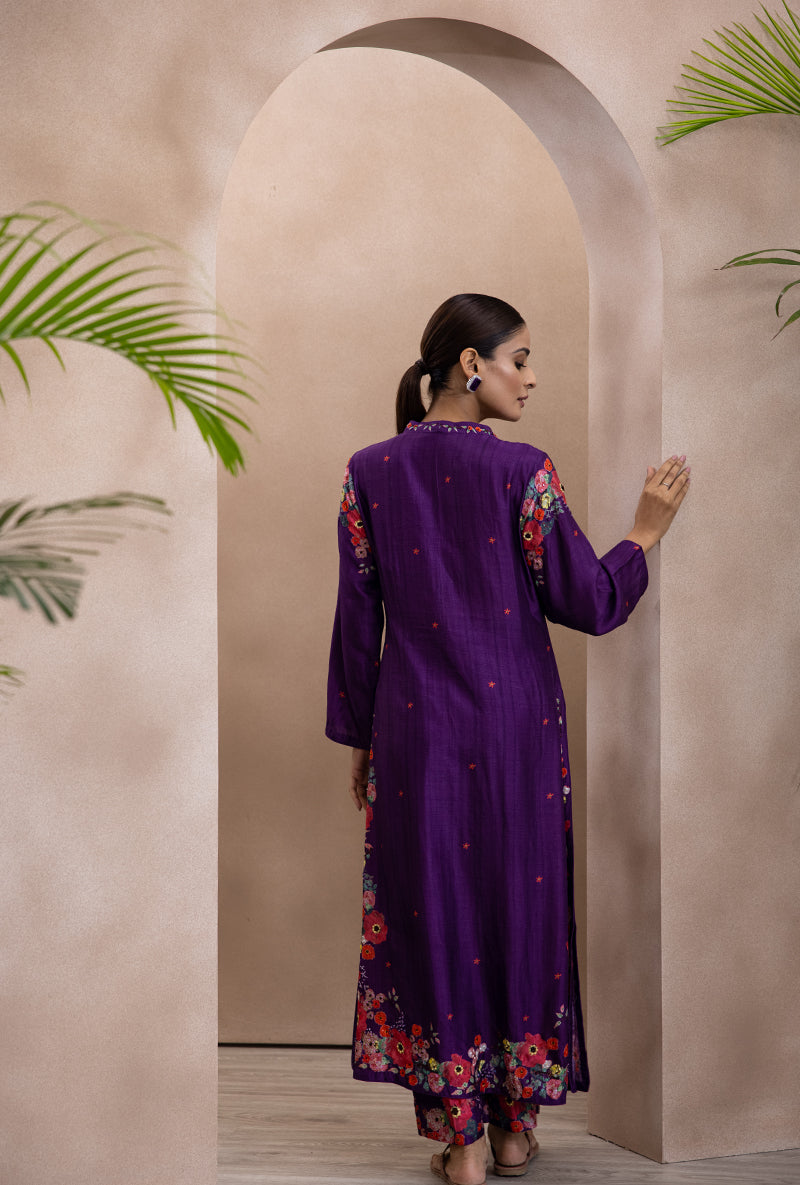 Purple V Neck Printed Bahaar Adhira Kurta Set