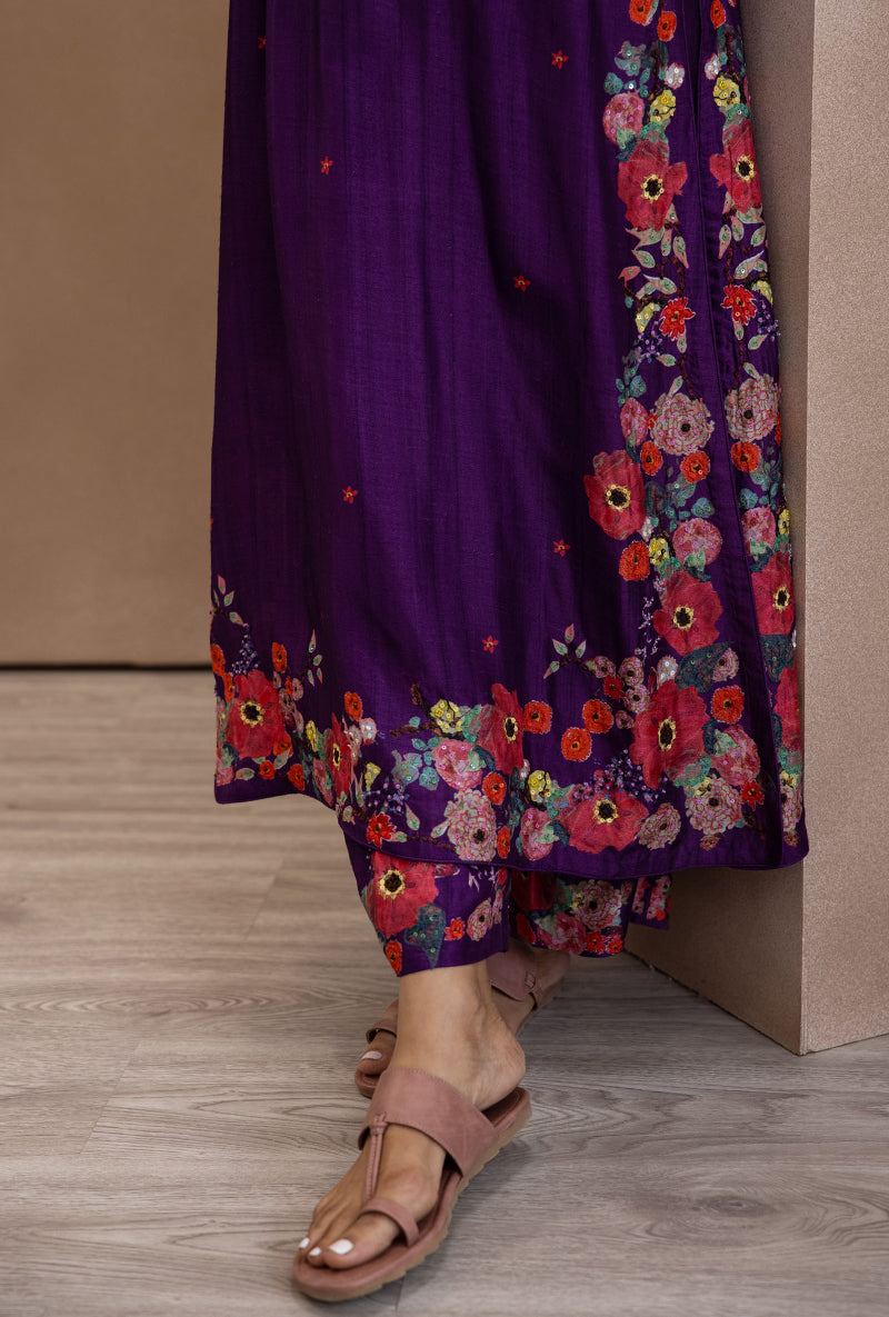 Purple V Neck Printed Bahaar Adhira Kurta Set