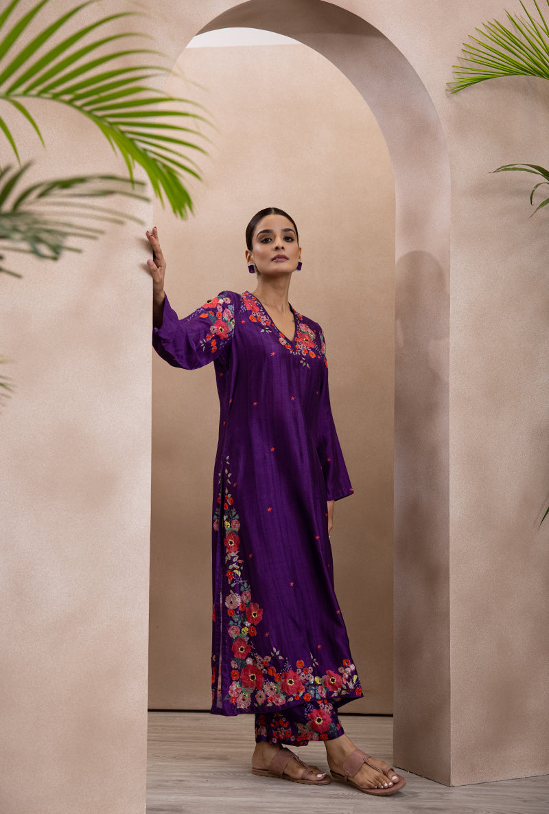 Purple V Neck Printed Bahaar Adhira Kurta Set