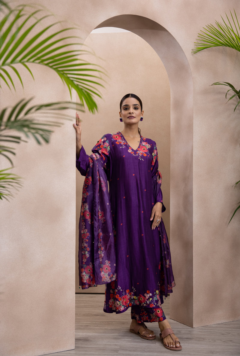 Purple V Neck Printed Bahaar Adhira Kurta Set