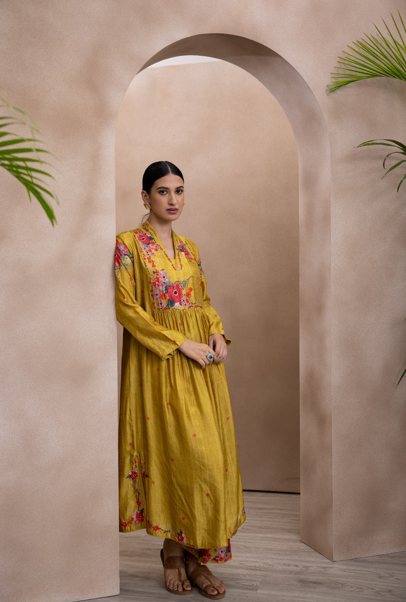 Yellow Front Pleat Printed Bahaar Adhira Kurta Set