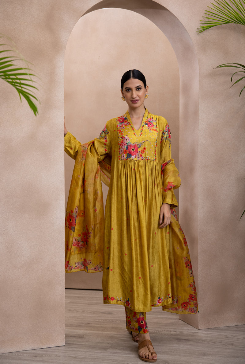 Yellow Front Pleat Printed Bahaar Adhira Kurta Set