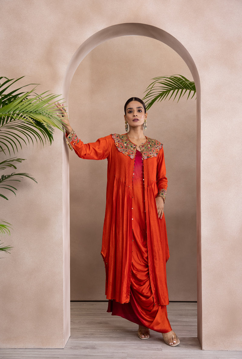 Orange Paisley Cowl Adhira Jacket Set