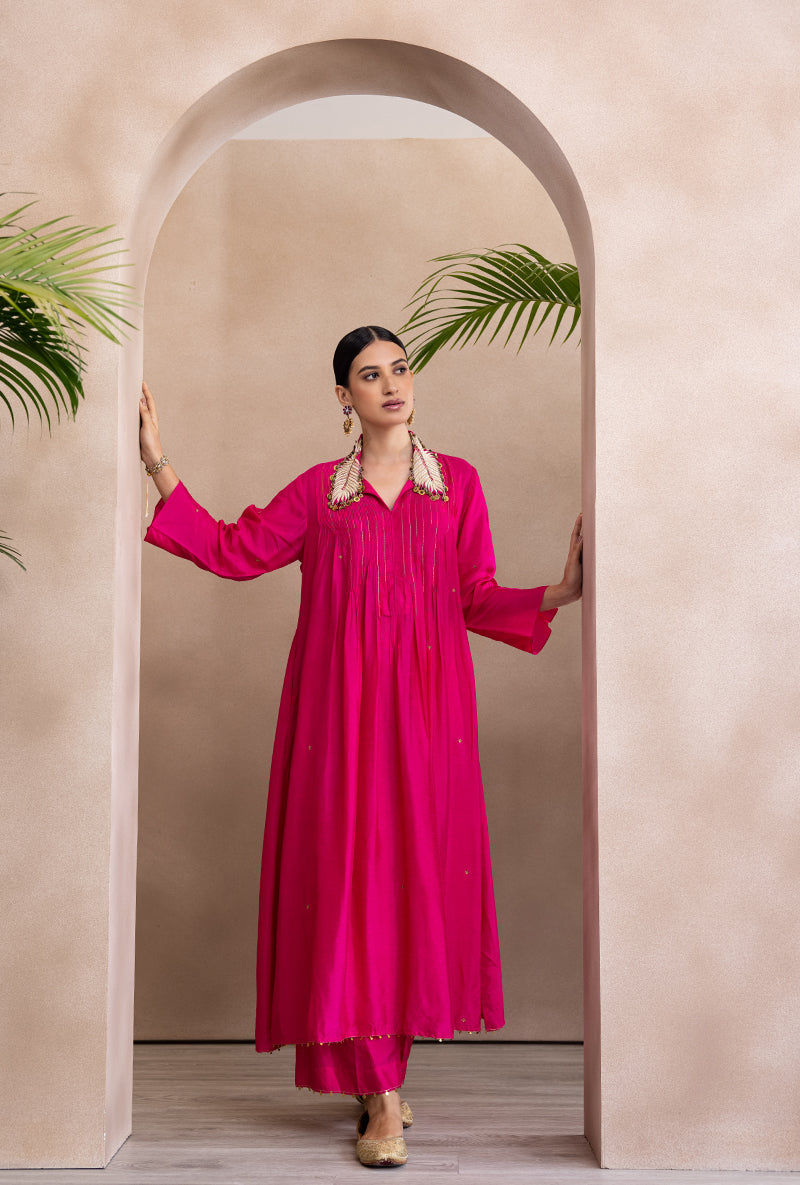 Pink Pankh Collar Pintex Adhira Kurta Set