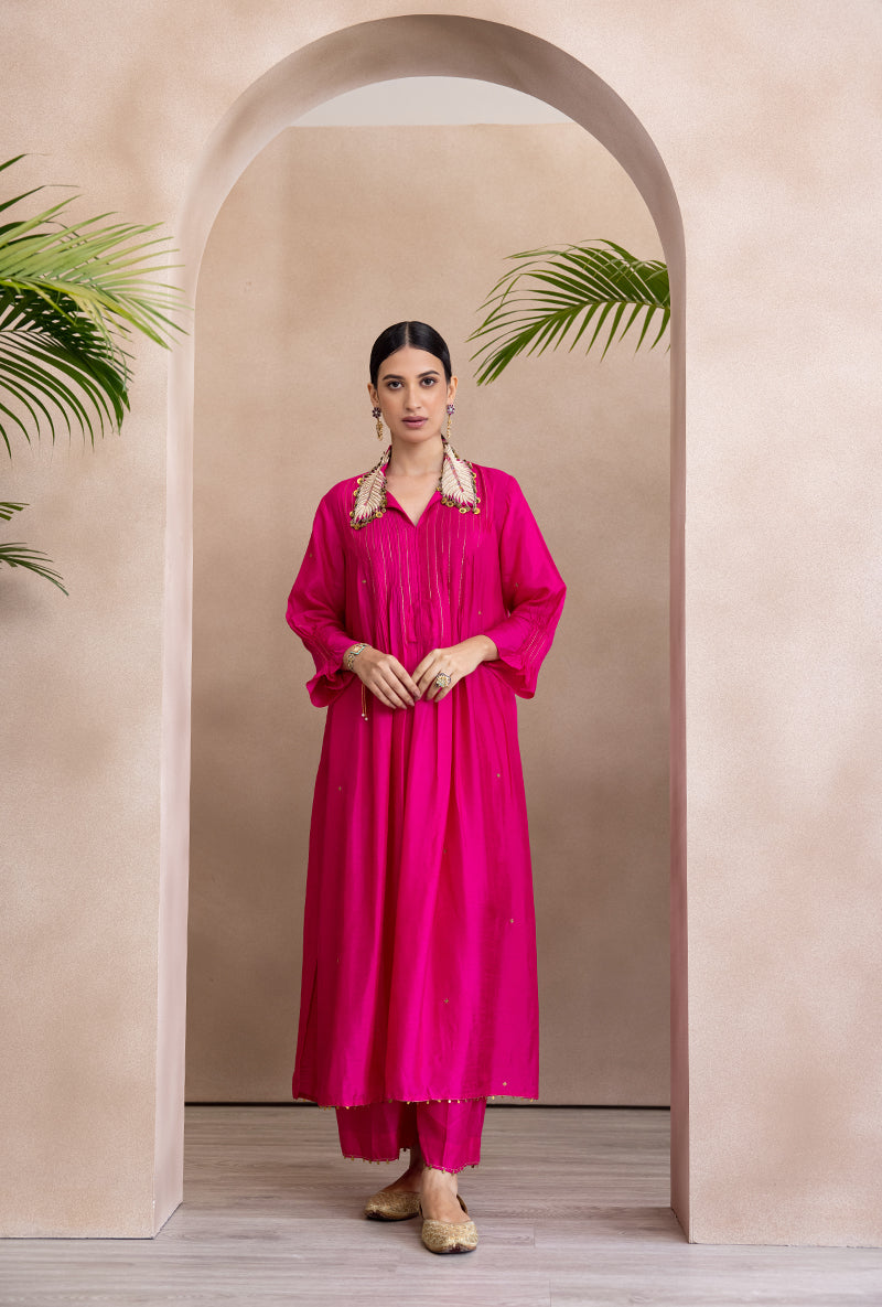 Pink Pankh Collar Pintex Adhira Kurta Set