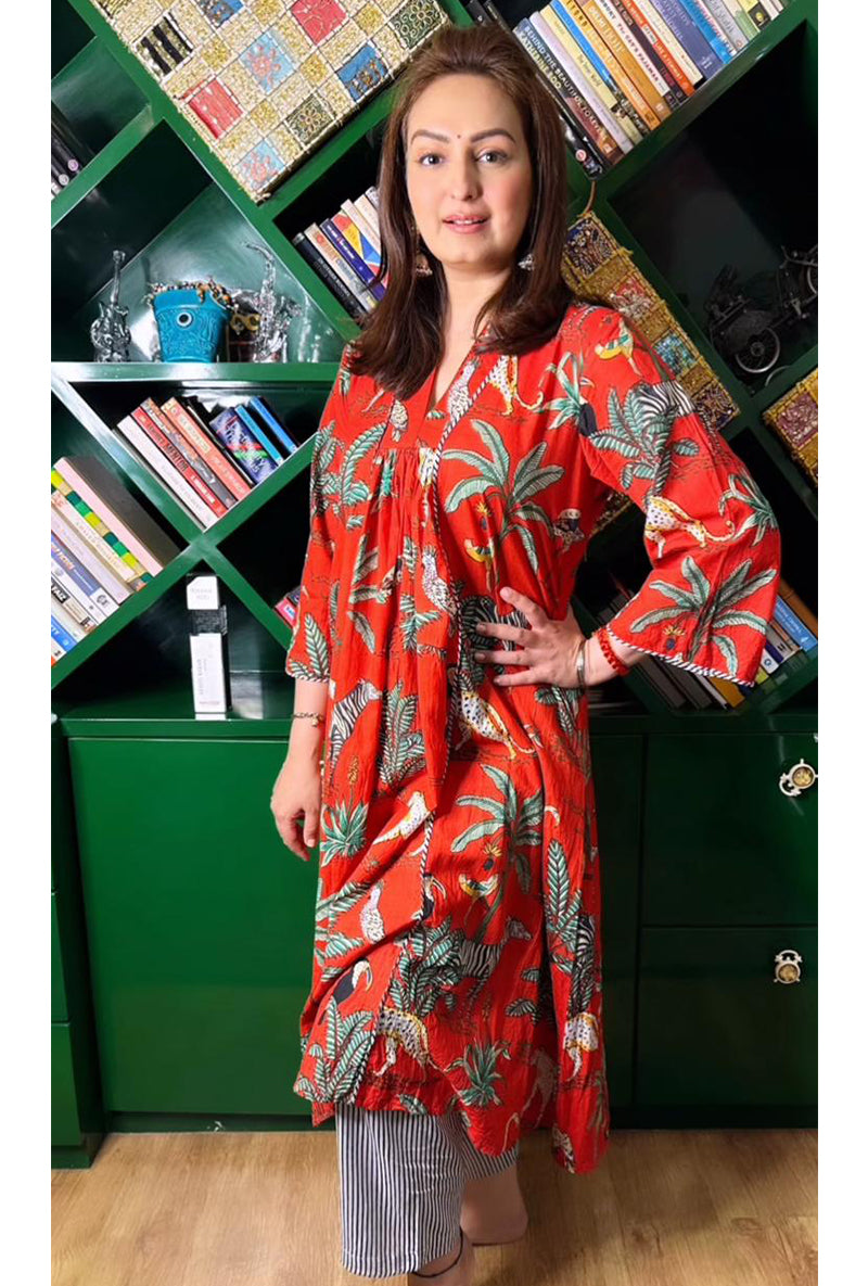 Akriti Kakkar In Red Tropical And Stripe Lovebirds Kurta Set