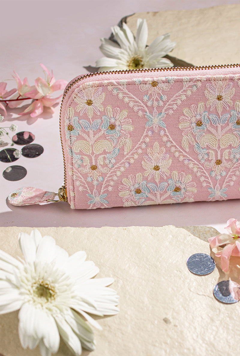 Baby Pink Anaqat Silk Embroidered Wallet