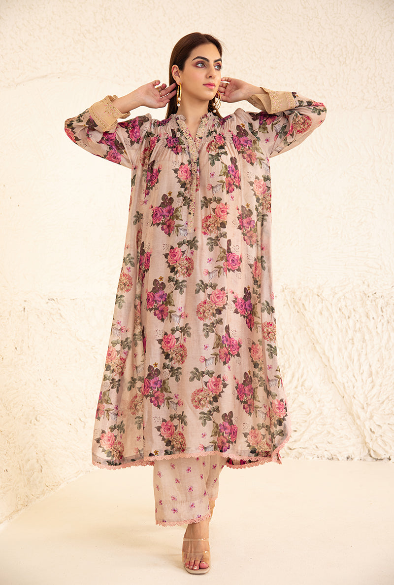 Beige Floral Rose Frill Izra Kurta Set