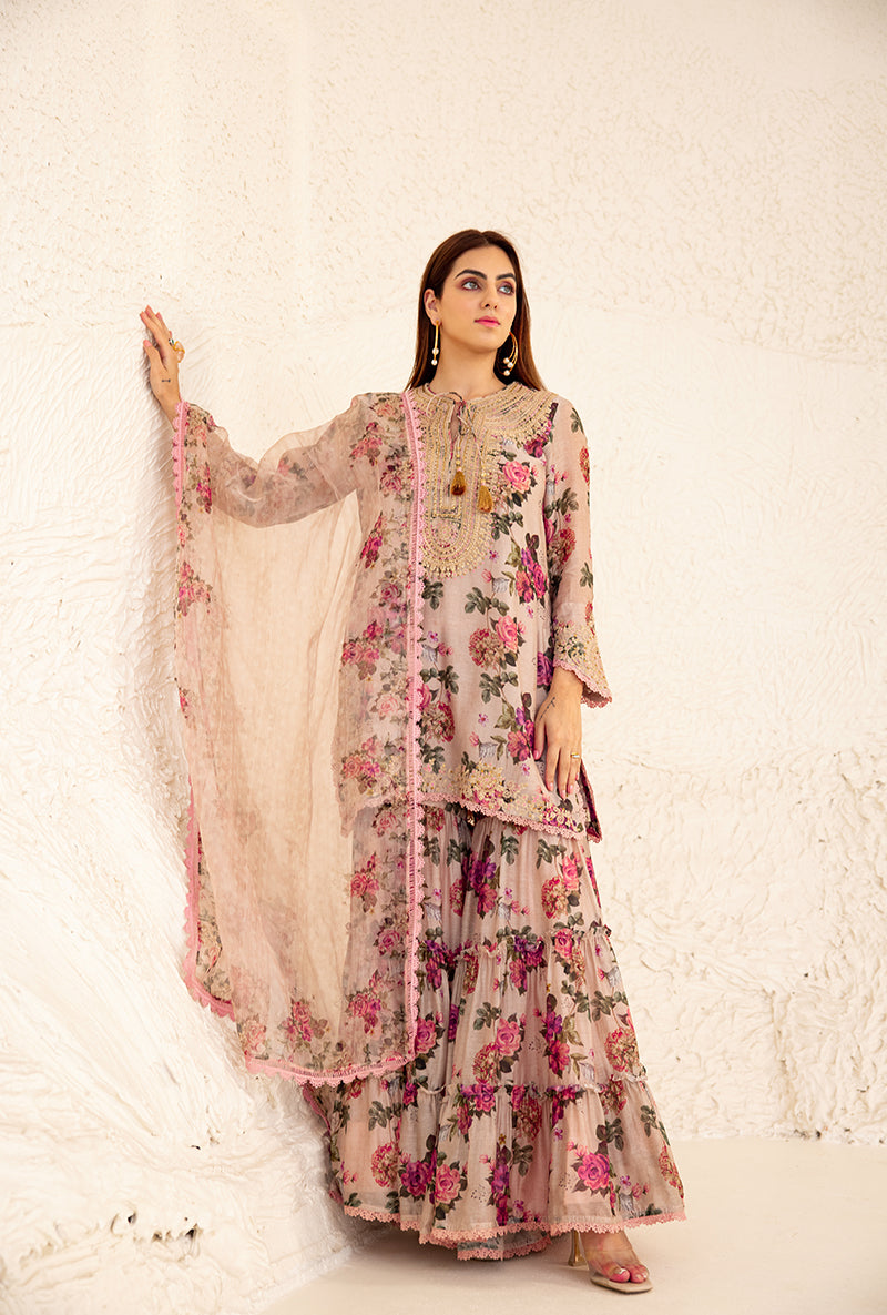 Beige Floral Rose Print Izra Gharara Set