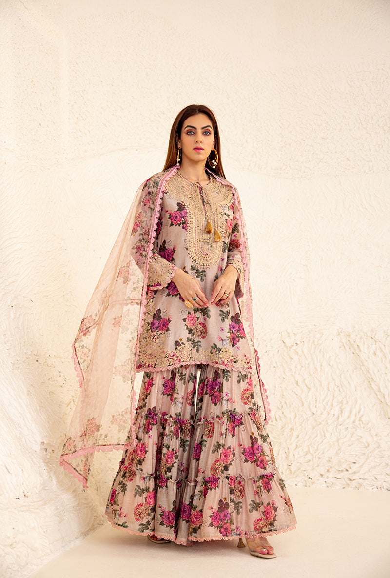 Beige Floral Rose Print Izra Gharara Set