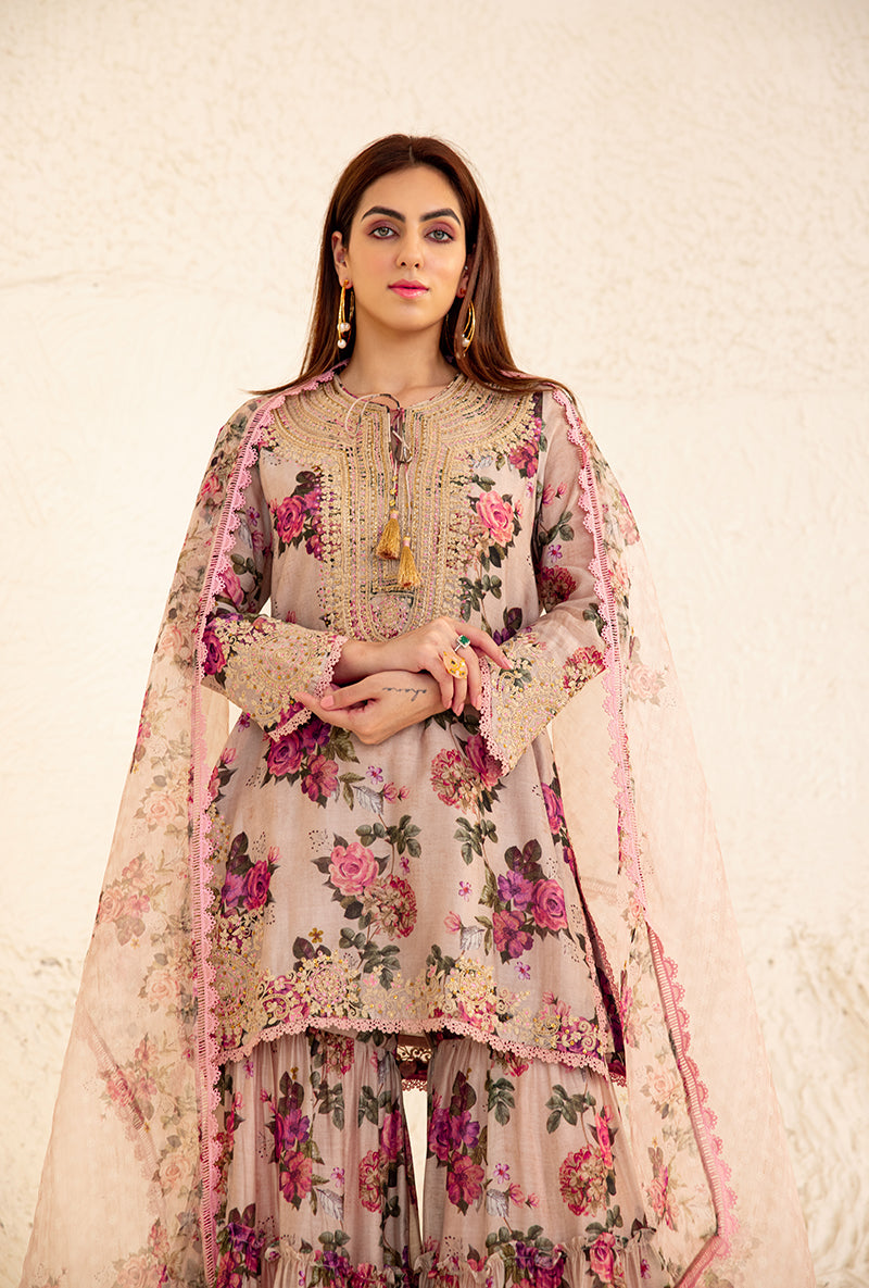 Beige Floral Rose Print Izra Gharara Set