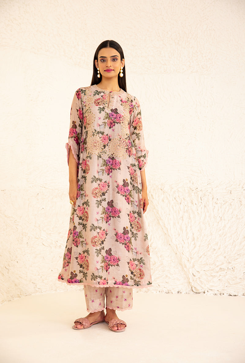 Beige Floral Rose Square Neck Izra Kurta Set