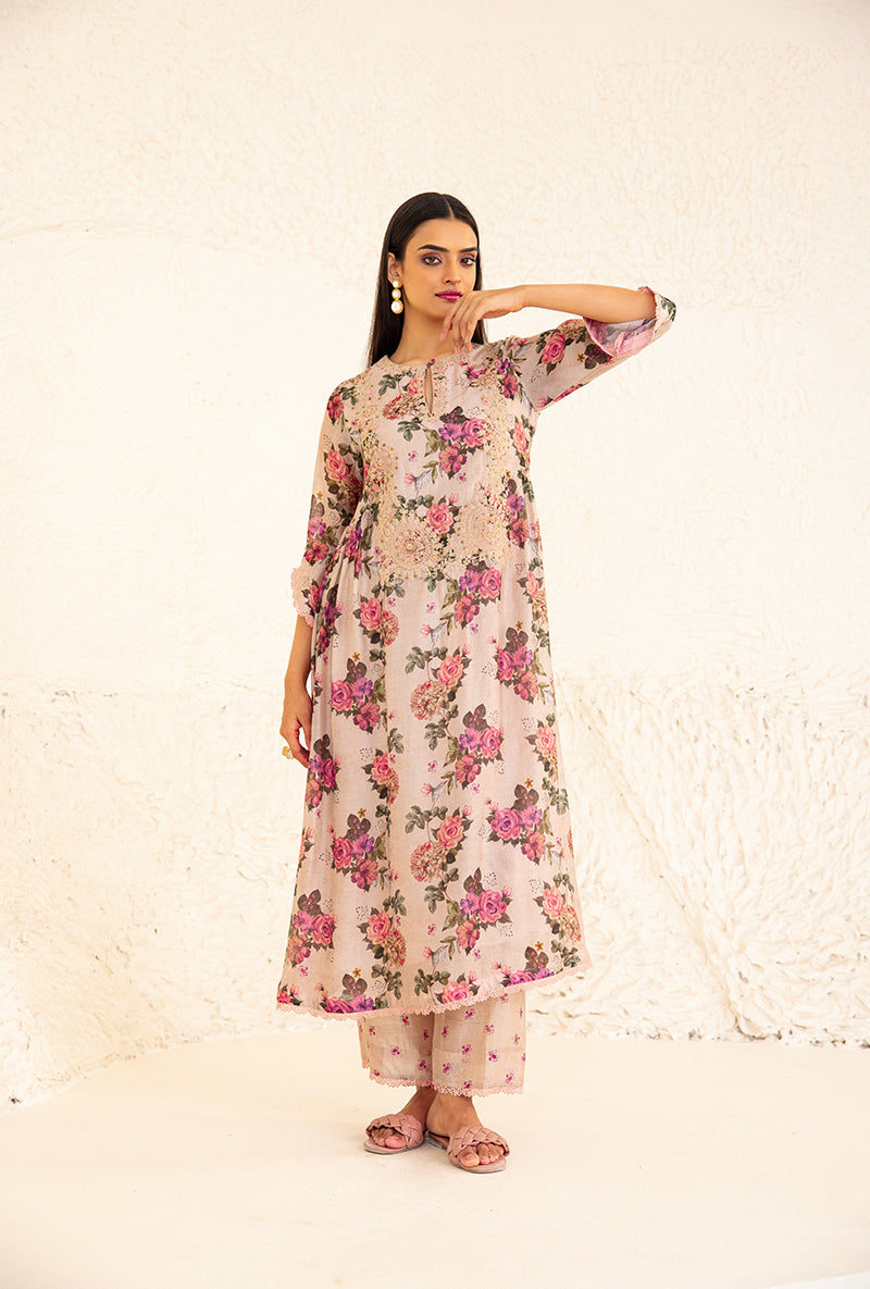 Beige Floral Rose Square Neck Izra Kurta Set