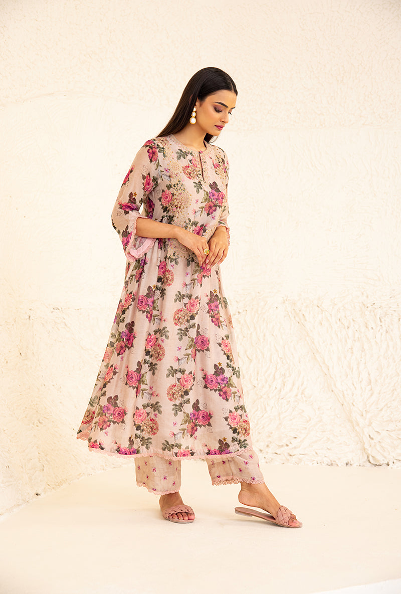 Beige Floral Rose Square Neck Izra Kurta Set