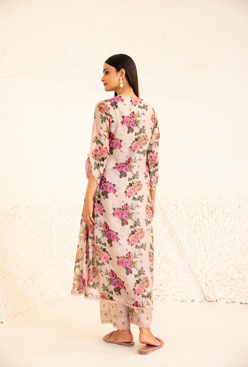 Beige Floral Rose Square Neck Izra Kurta Set