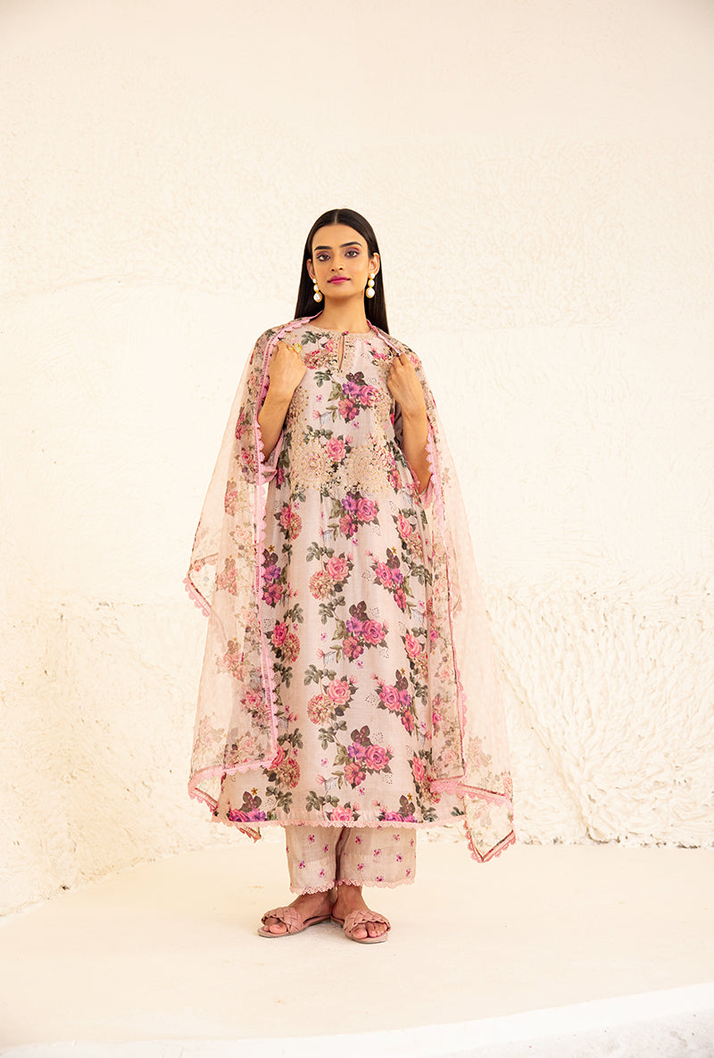 Beige Floral Rose Square Neck Izra Kurta Set