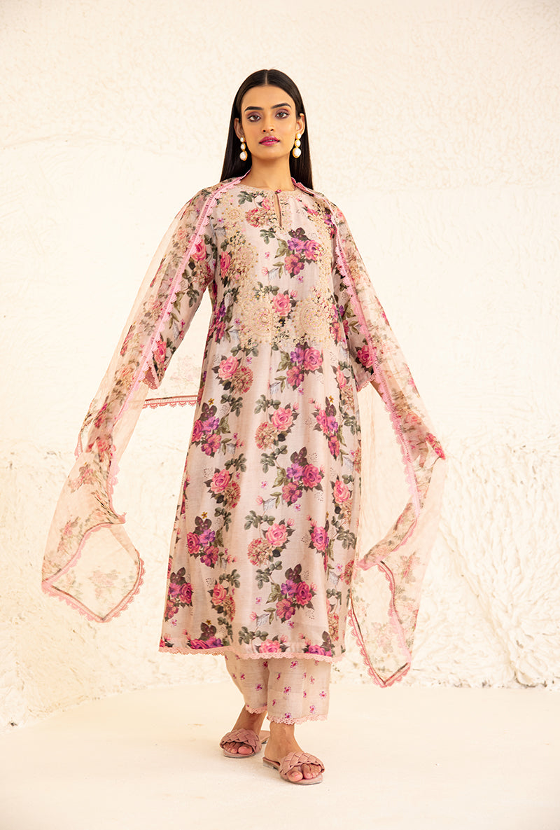 Beige Floral Rose Square Neck Izra Kurta Set