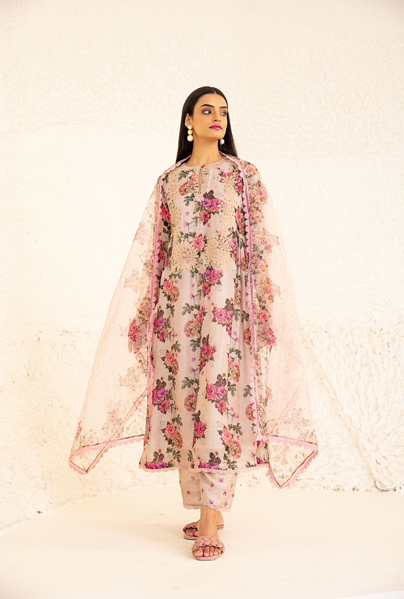 Beige Floral Rose Square Neck Izra Kurta Set