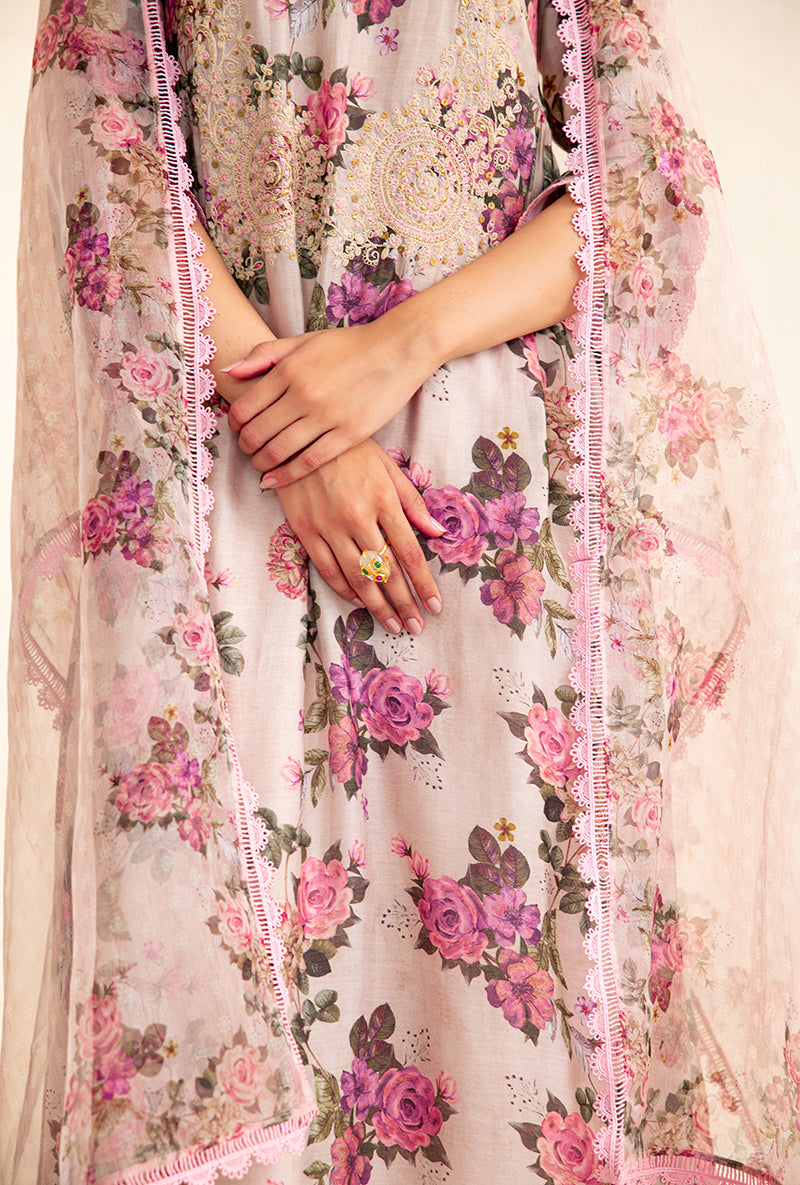 Beige Floral Rose Square Neck Izra Kurta Set