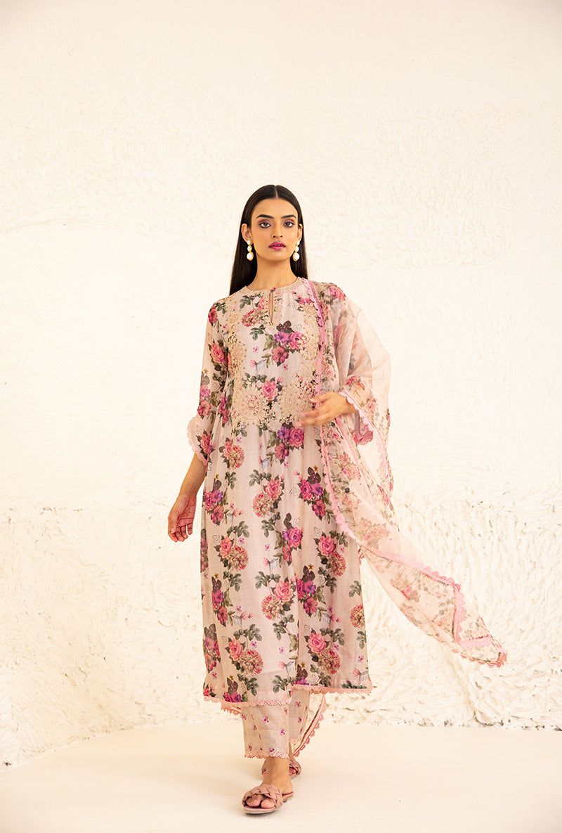 Beige Floral Rose Square Neck Izra Kurta Set