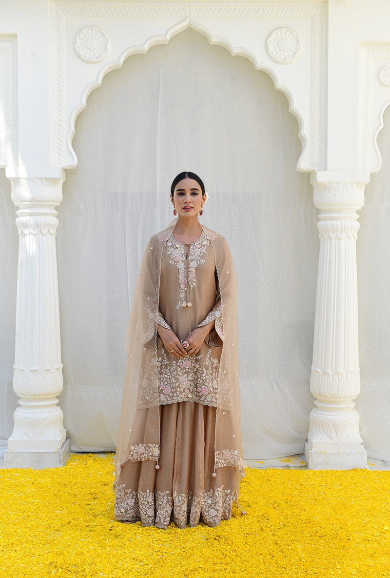 Beige Heavy Embroidered Izra Gharara Set