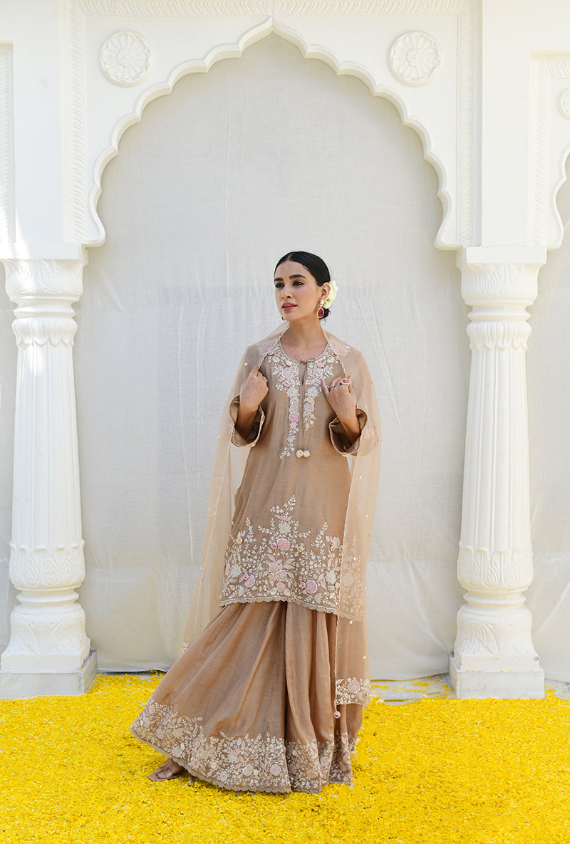 Beige Heavy Embroidered Izra Gharara Set