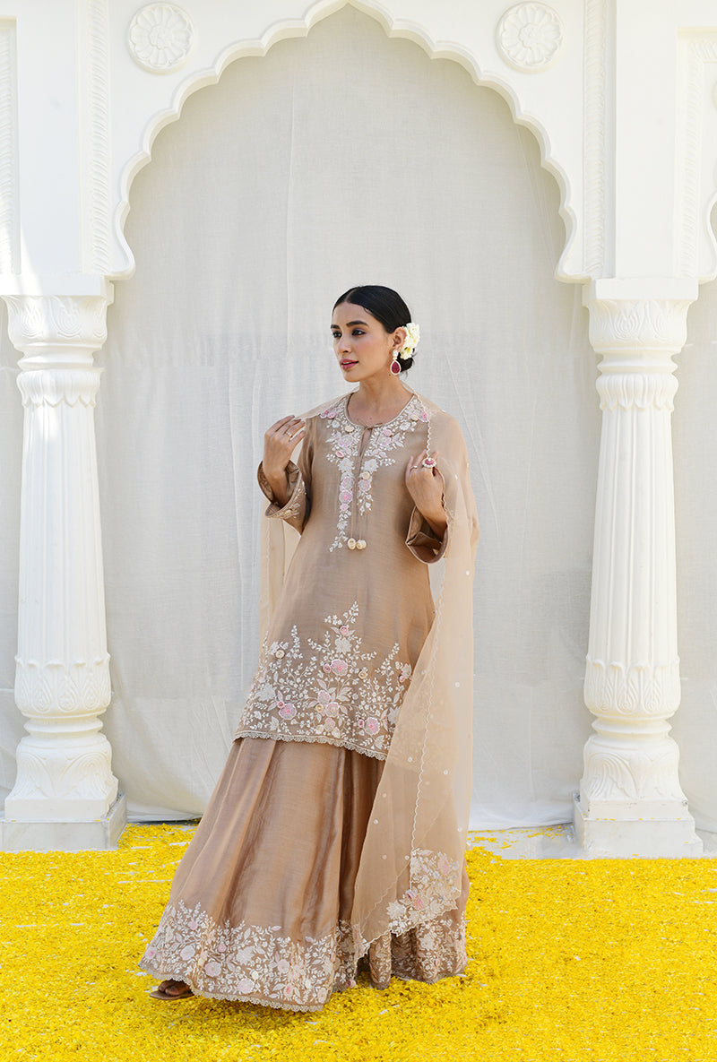 Beige Heavy Embroidered Izra Gharara Set