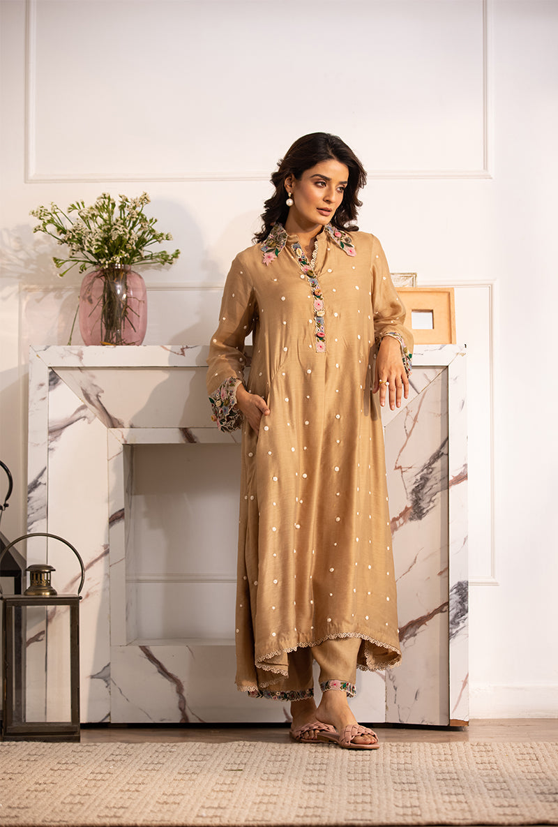 Beige Orchid Collar Sahiba Kurta Set