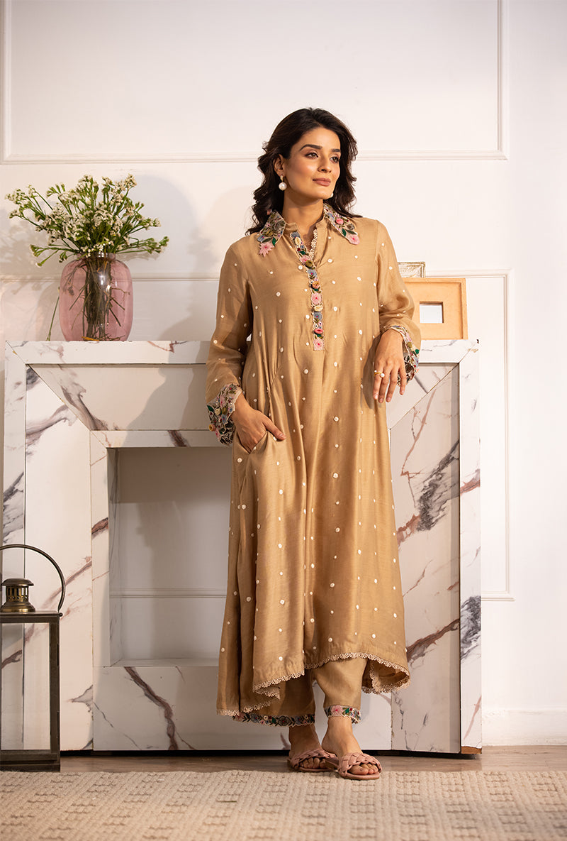 Beige Orchid Collar Sahiba Kurta Set