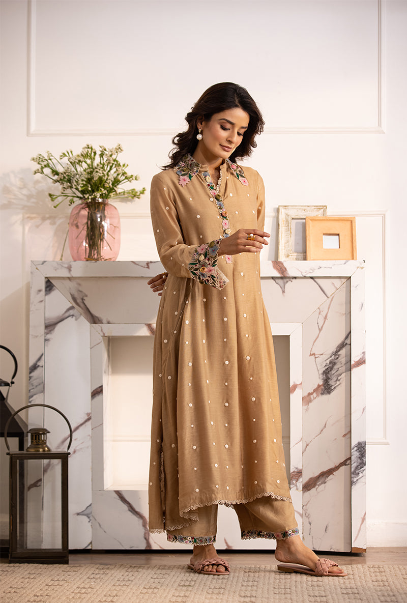 Beige Orchid Collar Sahiba Kurta Set