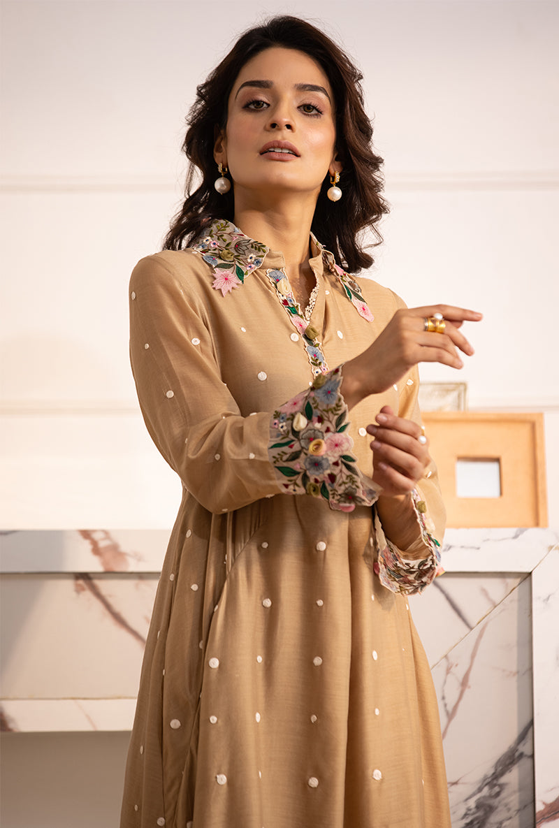 Beige Orchid Collar Sahiba Kurta Set