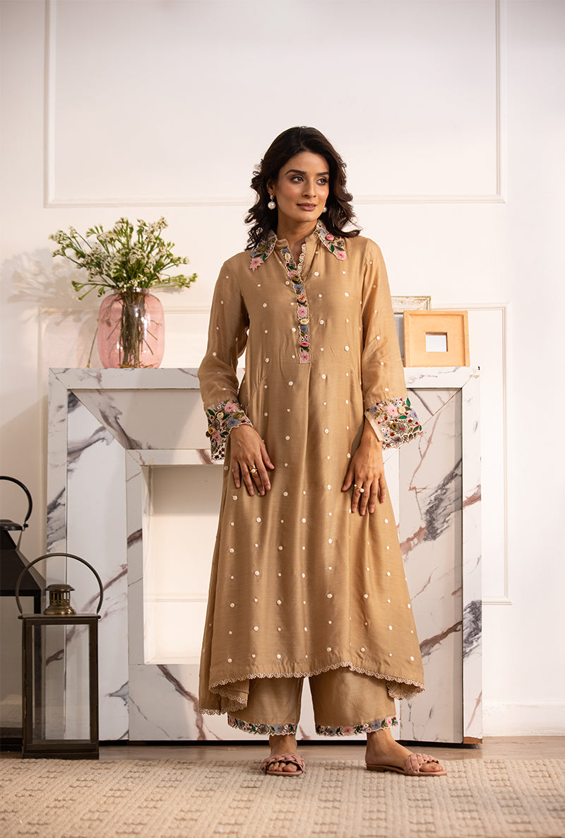 Beige Orchid Collar Sahiba Kurta Set