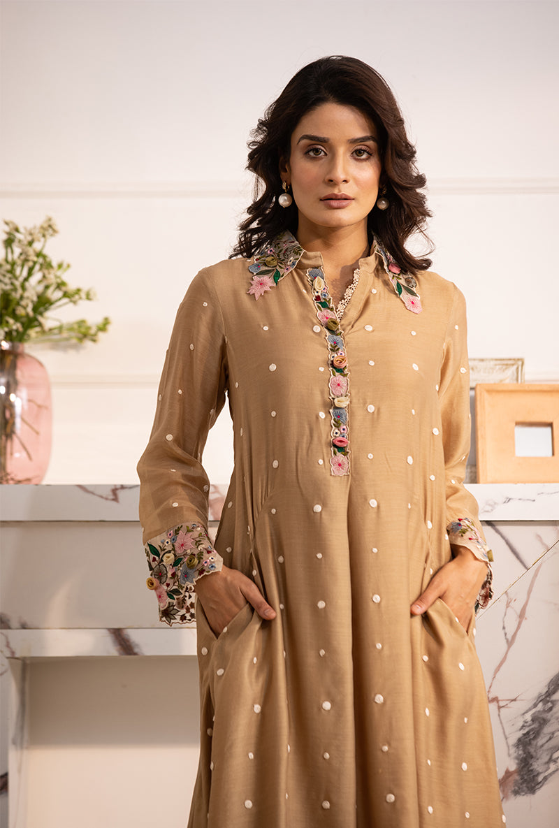 Beige Orchid Collar Sahiba Kurta Set